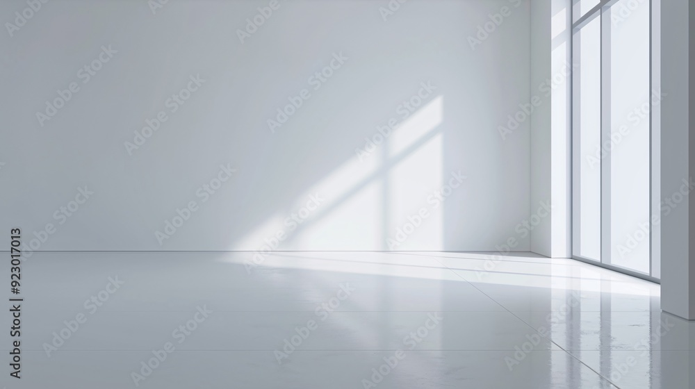 Obraz premium A minimalist 3D-rendered room with smooth white walls and a polished floor, featuring abundant copy space for text or design elements