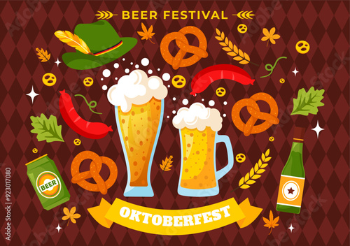 Happy Oktoberfest Party Festival Vector Illustration with Beer, Sausage, Gingerbread, Barrels, German Flag, and Wheat in the Flat Style Background