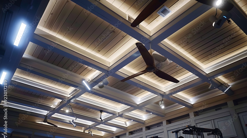 Ceiling roof of the exercise room with lights and ceiling fans Ceiling roof of the exercise room with lights and ceiling fans