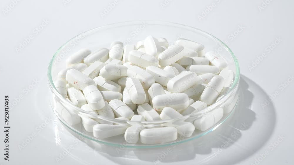 White antibiotic medicine tablets placed in glass tray, which featured on white rotating table. High quality healthcare concept template video for promotional video, high angle shot, medication scene White antibiotic medicine tablets placed in glass tray, which featured on white rotating table. High quality healthcare concept template video for promotional video, high angle shot, medication scene