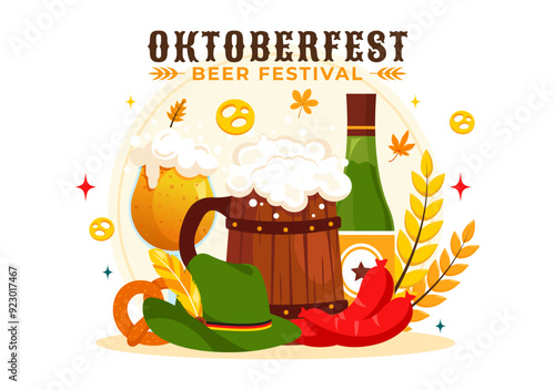 Happy Oktoberfest Party Festival Vector Illustration with Beer, Sausage, Gingerbread, Barrels, German Flag, and Wheat in the Flat Style Background