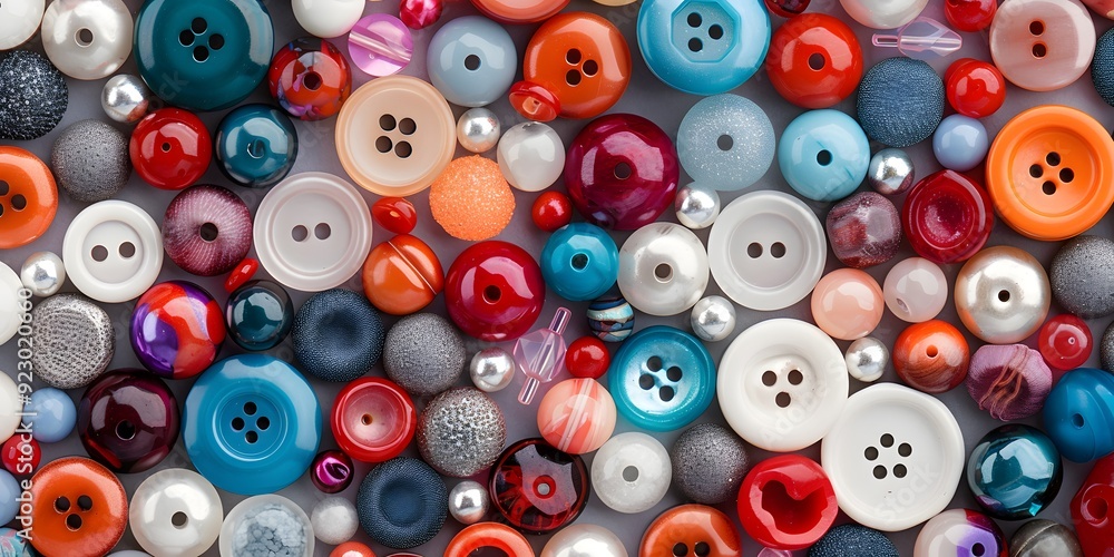 Scatter of assorted buttons and beads in various colors and sizes Scatter of assorted buttons and beads in various colors and sizes