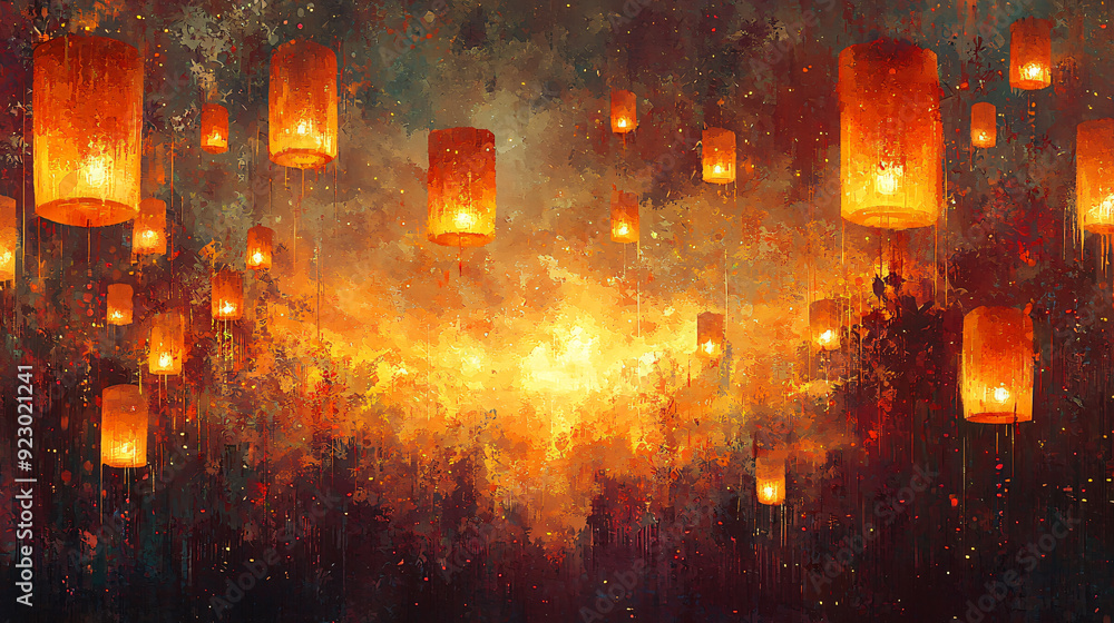 Naklejka premium Illuminated Festival of Floating Lanterns Peaceful Celebration of Tradition and Spirituality