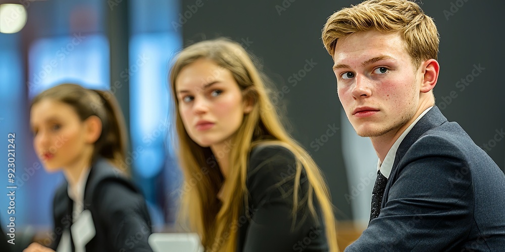 Young business people in suits sitting at a table and having a meeting with their team during a conference, generative AI Young business people in suits sitting at a table and having a meeting with their team during a conference, generative AI