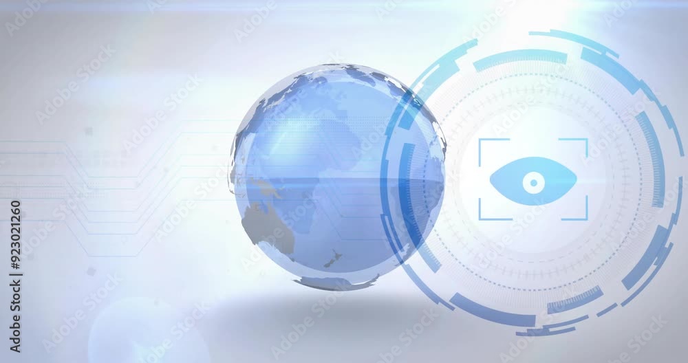 Rotating globe and digital eye animation over futuristic technological background Rotating globe and digital eye animation over futuristic technological background