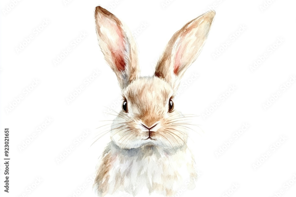 Obraz premium A charming bunny gazes directly, showcasing its fluffy fur and expressive eyes, embodying the spirit of spring in soft watercolor art