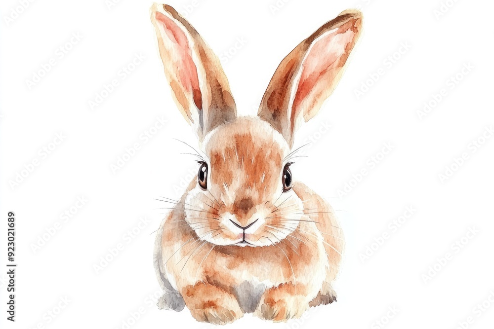 Obraz premium A cute bunny sits peacefully against a white background, showcasing its soft fur and inquisitive expression in watercolor
