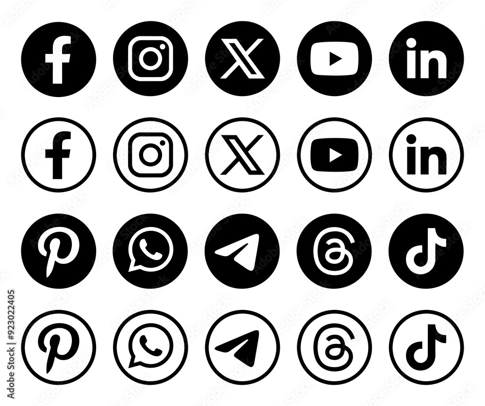 Popular social media icons isolated on transparent. Facebook, Instagram