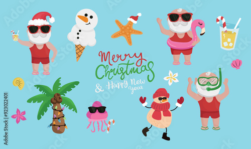 Summer Christmas elements. Christmas on the beach with Santa. 