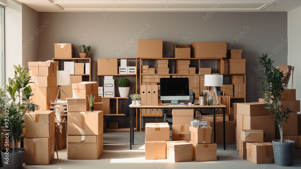 moving boxes in a modern office rooms. Moving the a new office or an apartment moving boxes in a modern office rooms. Moving the a new office or an apartment
