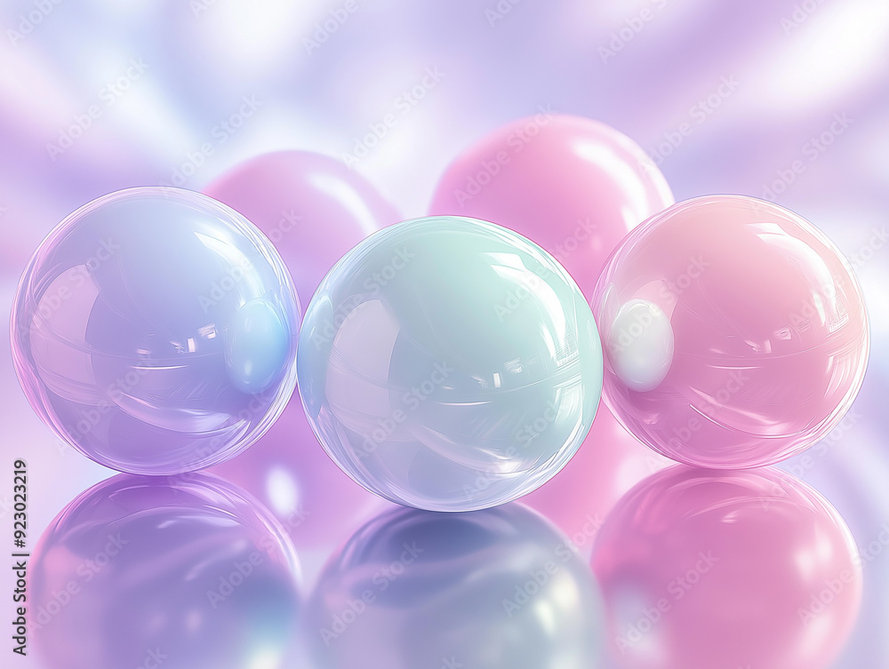 a set of pastel-colored, glossy spheres resting on a reflective surface a set of pastel-colored, glossy spheres resting on a reflective surface