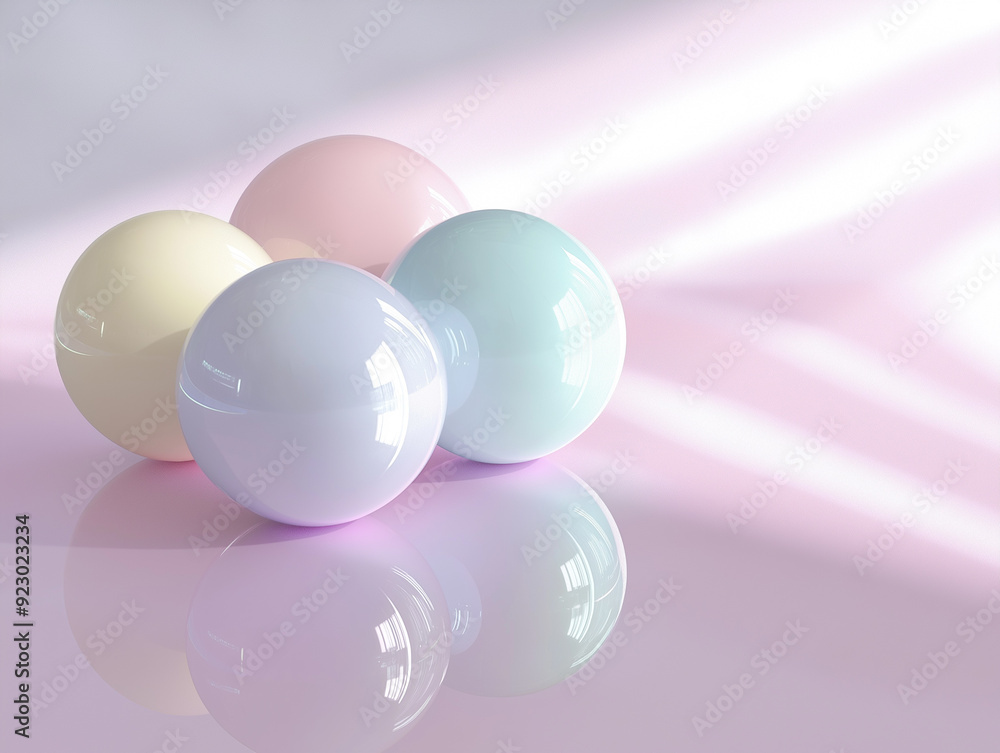 a set of pastel-colored, glossy spheres resting on a reflective surface a set of pastel-colored, glossy spheres resting on a reflective surface