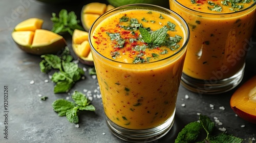 mango lassi made with yogurt water spices fruits and ice on a gray background