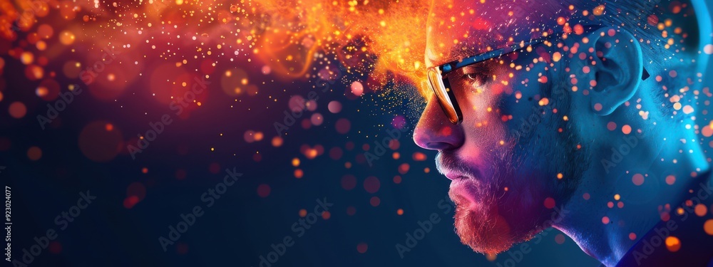 Fototapeta premium Man, double exposure, holographic encryption technology, dark background, vibrant colors