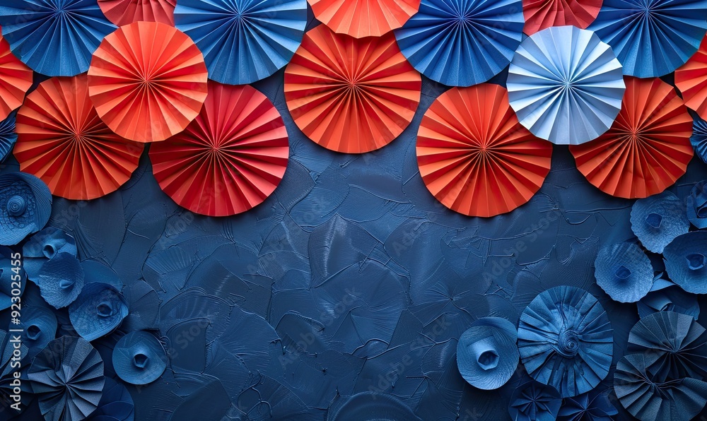 paper fans in color of american flag on dark blue background happy american independence day usa labor day presidents day concept flat lay top view. paper fans in color of american flag on dark blue background happy american independence day usa labor day presidents day concept flat lay top view.