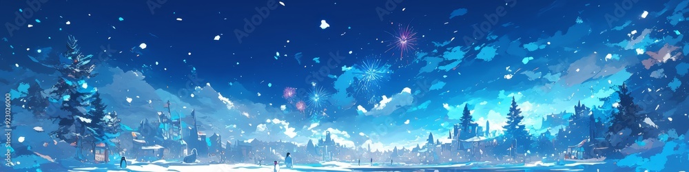 Naklejka premium Enchanting Anime-Style Winter Wonderland: Magical 4K Illustration of Snowy Landscape with Penguins and Fireworks. Dreamy Scenery for Creative Marketing, Seasonal Artwork, and Captivating Aesthetic Wal