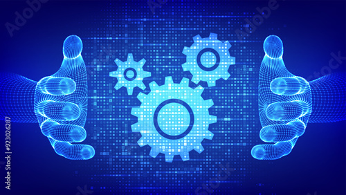 Automation Software concept. IOT, Innovation, productivity in technology and business processes. Gears icons made with binary code in wireframe hands. Digital code background with digits 1.0. Vector.