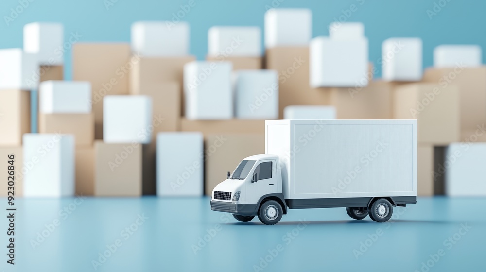A miniature delivery truck parked in front of stacked cardboard boxes, representing logistics and shipping in a vibrant blue setting. A miniature delivery truck parked in front of stacked cardboard boxes, representing logistics and shipping in a vibrant blue setting.