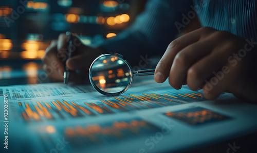 Businessman analyzing financial data with a magnifying glass on white paper, with graphs and charts showing market trends. A stock candlestick chart is visible in the background.