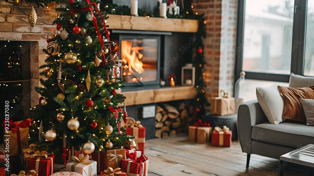Obraz premium Christmas tree near fireplace in living room in decor