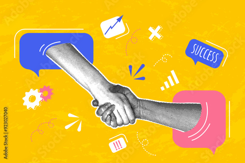 Trendy halftone collage. Concept of contracting, negotiation, contracting, favorable terms. Trendy modern retro illustration on business theme. Concept of teamwork. 