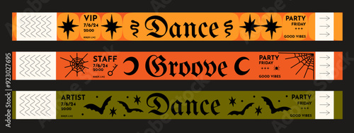 Set of vector control tickets mockup design concept for Halloween party, events, open-air, disco, raves, staff, artist, VIP. Festival paper bracelets collection bold, groovy, funky, spooky, gothic