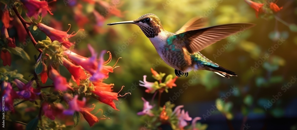 Fototapeta premium Hummingbird in Flight Amongst Red and Pink Flowers