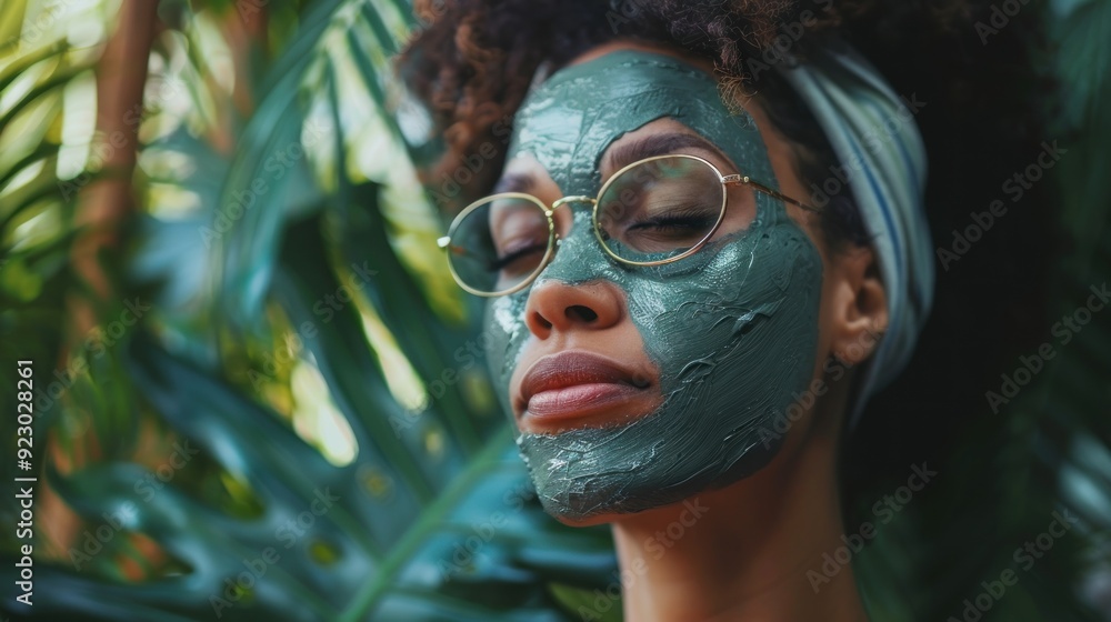 Woman with a Face Mask and Eyes Closed in a Natural Setting Woman with a Face Mask and Eyes Closed in a Natural Setting