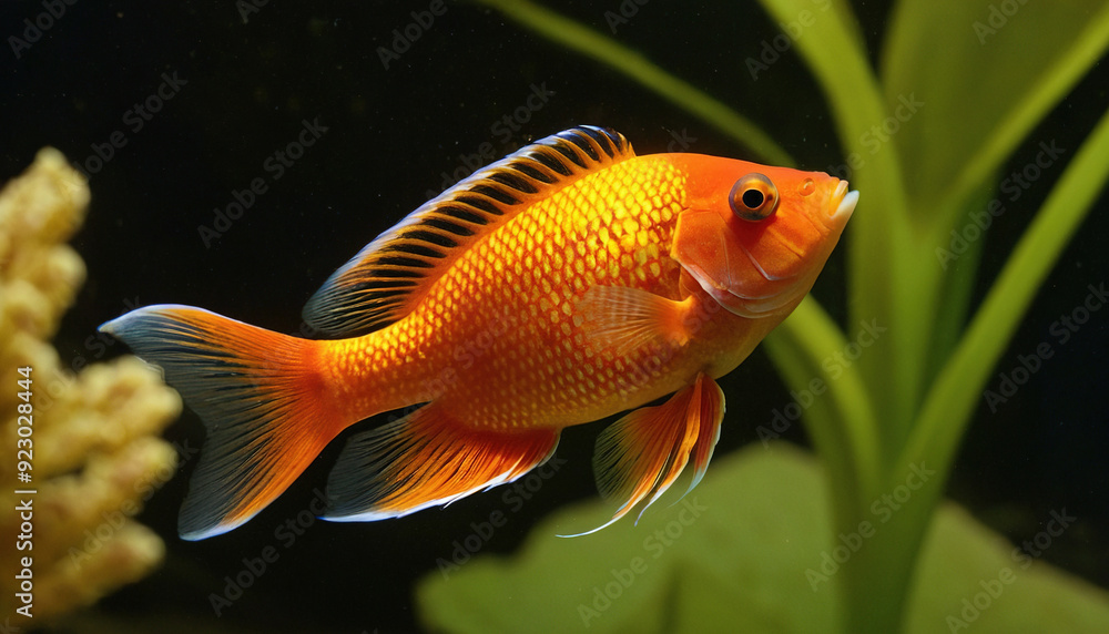 Close-up of a vibrant orange fish with black and white markings swimming in an aquarium. Close-up of a vibrant orange fish with black and white markings swimming in an aquarium.