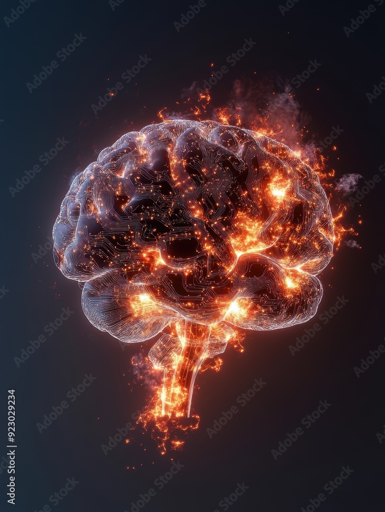 An overloaded brain with visible circuits burning out symbolizes fatigue, sleepiness, and mental burnout. An overloaded brain with visible circuits burning out symbolizes fatigue, sleepiness, and mental burnout.