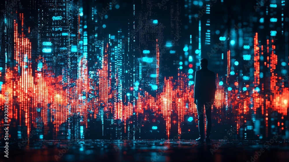 A person stands before digital waves of vibrant colors, symbolizing technology and data visualization in a futuristic setting. A person stands before digital waves of vibrant colors, symbolizing technology and data visualization in a futuristic setting.