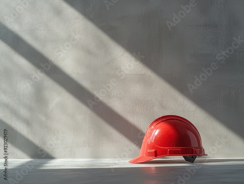 A red hard hat is sitting on a grey wall. The hat is placed in the sun, which casts a shadow on the wall. Concept of safety and protection