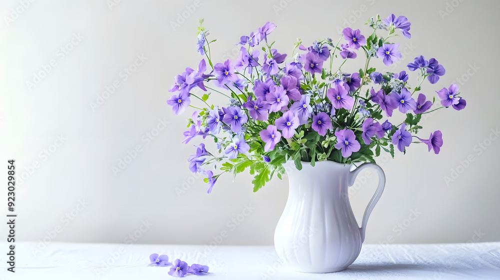 Spring bouquet of sweet violet flowers in vase on white background Studio photo of decorative still life with purple and blue flowers in a jug Spring bouquet of sweet violet flowers in vase on white background Studio photo of decorative still life with purple and blue flowers in a jug