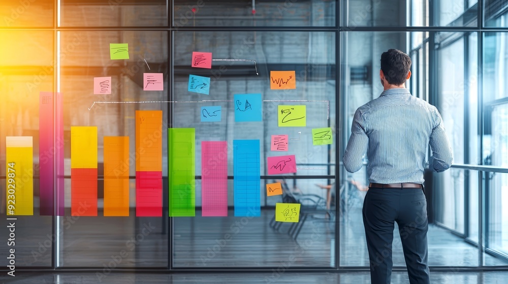 Obraz premium A professional analyzing colorful data charts on a glass wall, surrounded by sticky notes in a modern office setting.