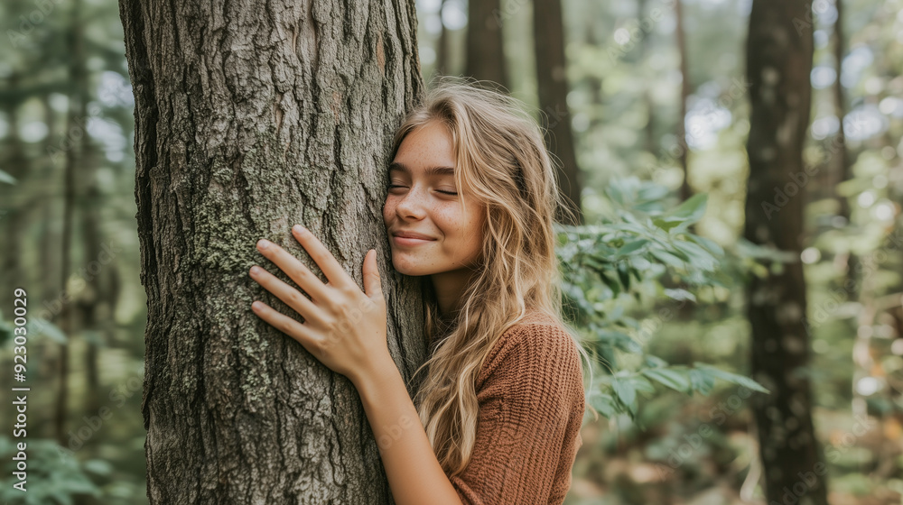 The girl smiles and presses herself against a large tree, her eyes closed with pleasure. The girl smiles and presses herself against a large tree, her eyes closed with pleasure.