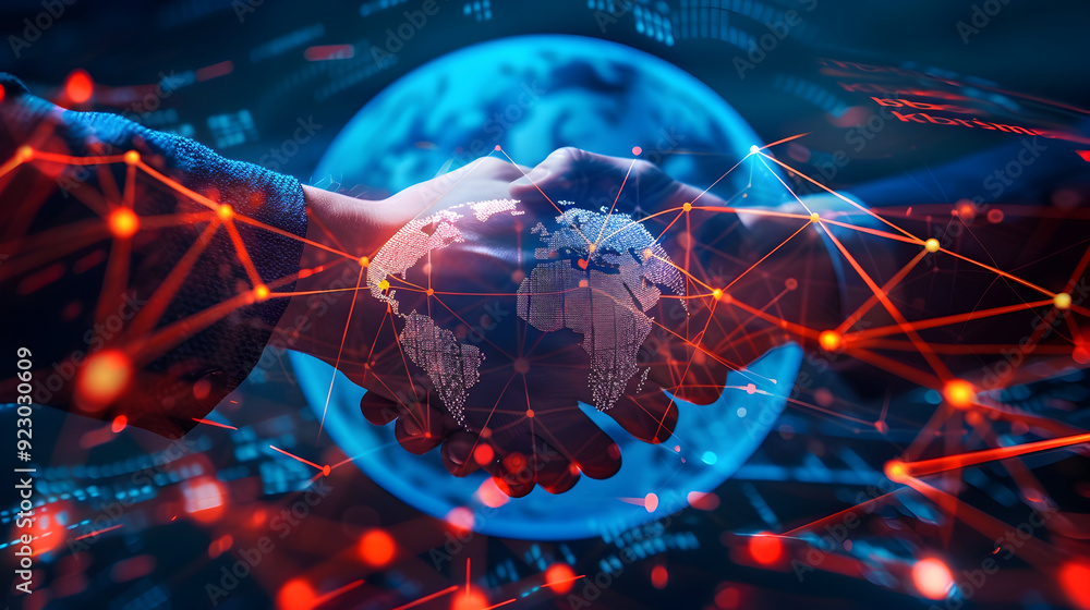 Businessmen handshake global stock market graph bar chart globe network connection links diagram background. Digital innovative technology internet communication agreement partnership teamwork concept Businessmen handshake global stock market graph bar chart globe network connection links diagram background. Digital innovative technology internet communication agreement partnership teamwork concept