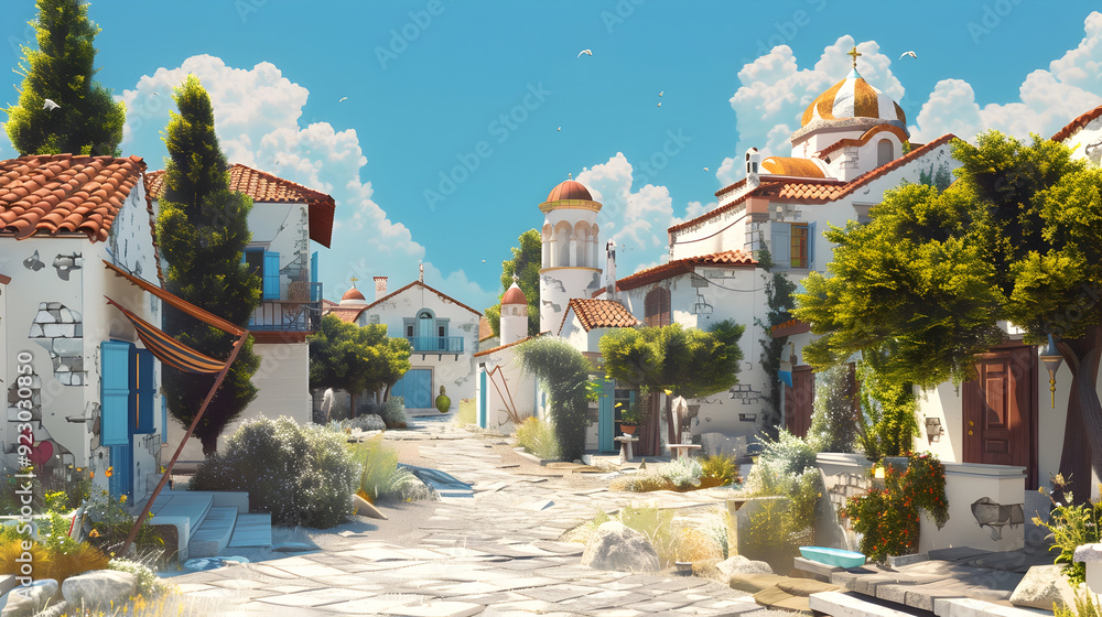 Obraz premium Charming Greek village on a sunny summer day, generative ai