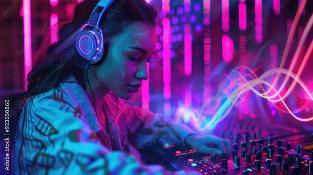 Obraz premium A DJ skillfully mixes tracks while colorful lights illuminate the energetic atmosphere
