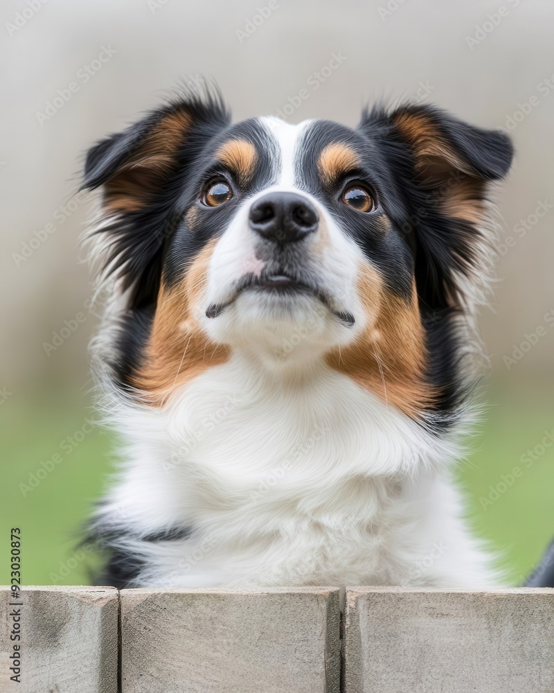 A curious dog peering over a wooden fence, showcasing its expressive face and unique coat pattern in a natural outdoor setting. A curious dog peering over a wooden fence, showcasing its expressive face and unique coat pattern in a natural outdoor setting.