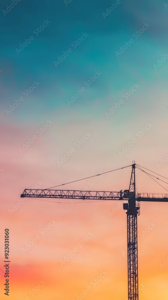 A crane is silhouetted against a colorful sky. The crane is tall and is the main focus of the image. The sky is a mix of blue, pink, and orange, creating a warm and peaceful atmosphere A crane is silhouetted against a colorful sky. The crane is tall and is the main focus of the image. The sky is a mix of blue, pink, and orange, creating a warm and peaceful atmosphere