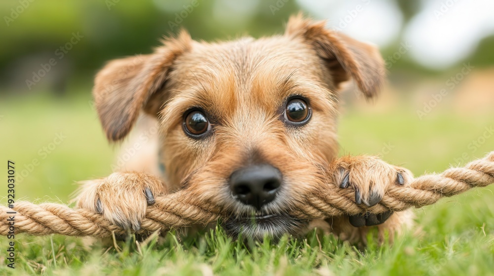 A playful dog enjoying a sunny day, tugging on a rope in a vibrant green garden. Perfect for pet lovers and animal enthusiasts.