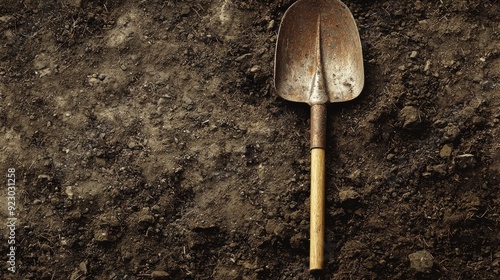 A rusty shovel is sitting on the ground in a dirt field. The shovel is old and worn, and it is a tool used for digging. The image has a somewhat somber and nostalgic mood