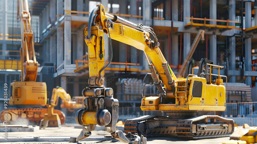 Construction robot in 3D, operating heavy machinery at a building site, its hydraulic limbs lifting and assembling with precision Construction robot in 3D, operating heavy machinery at a building site, its hydraulic limbs lifting and assembling with precision