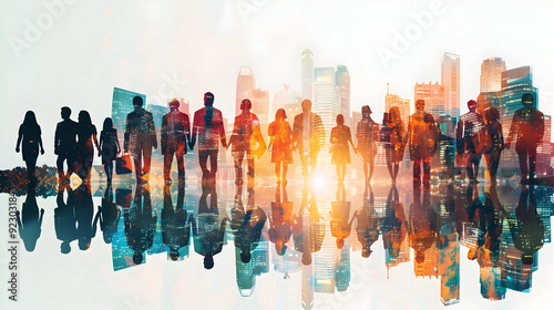 Double exposure panoramic teamwork business join hand together with silhouette business people and modern city background