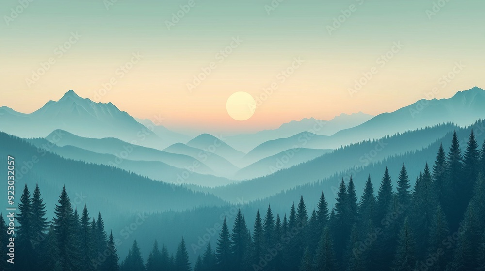 Serene landscape of misty mountains at sunrise, with layers of pine-covered hills and a soft pastel sky. Serene landscape of misty mountains at sunrise, with layers of pine-covered hills and a soft pastel sky.