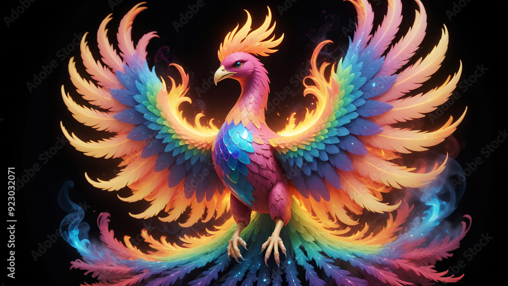 Obraz premium glowing phoenix rising from a kaleidoscope of neon rainbow smoke