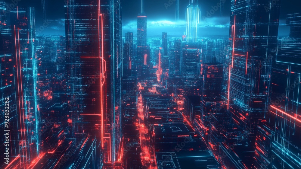 Fototapeta premium Futuristic Digital Cityscape with Neon Lights.