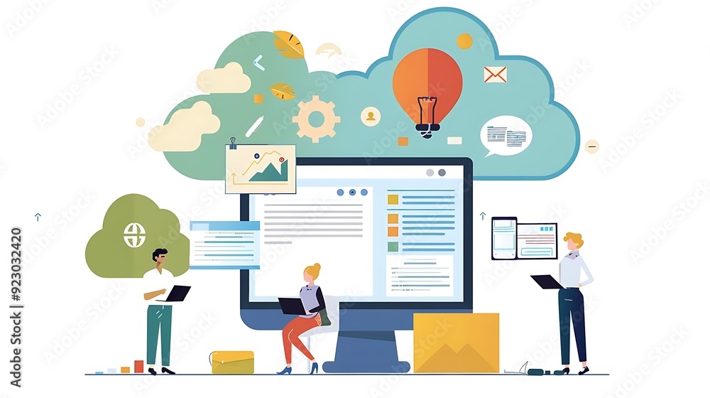 Illustration of Cloud Computing and Teamwork in a Business Setting Illustration of Cloud Computing and Teamwork in a Business Setting