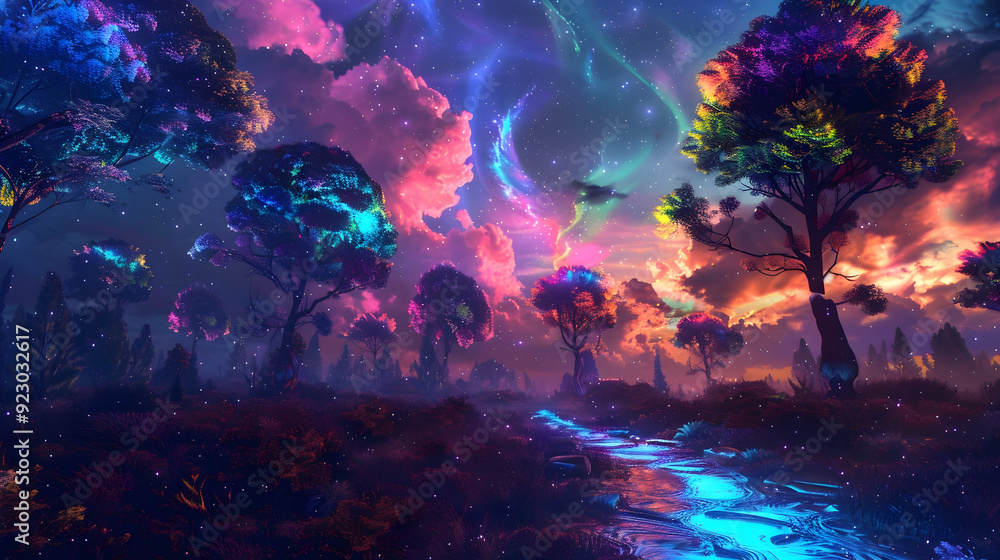 fantasy of neon forest on beautiful sky. Glowing colorful look like fairytale