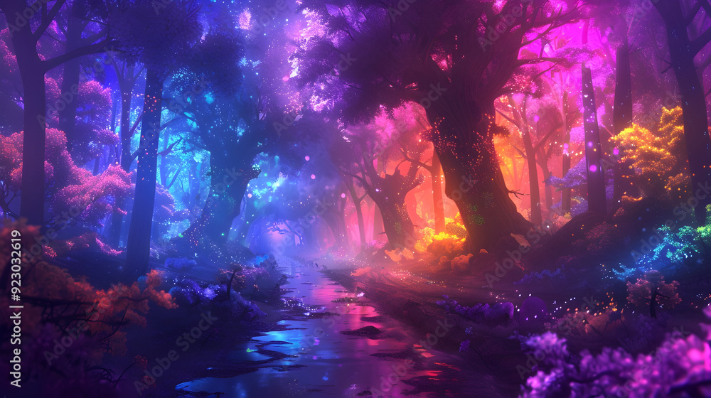 Fototapeta premium fantasy of neon forest on beautiful sky. Glowing colorful look like fairytale